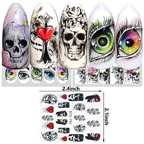 25 Sheets Halloween Nail Stickers Day of The Dead Water Transfer Nail Decals Skull Ghost Eye Hulk Clown Witch Nail Art Stickers Halloween Party Supply Favors Manicure Tips Charms Decoration