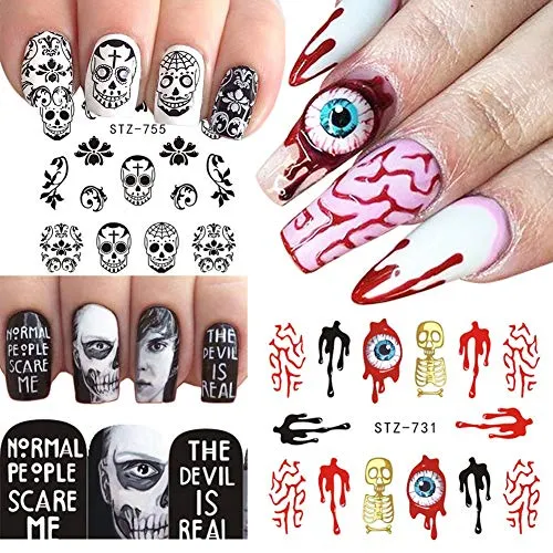 25 Sheets Halloween Nail Stickers Day of The Dead Water Transfer Nail Decals Skull Ghost Eye Hulk Clown Witch Nail Art Stickers Halloween Party Supply Favors Manicure Tips Charms Decoration