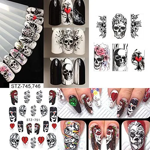 25 Sheets Halloween Nail Stickers Day of The Dead Water Transfer Nail Decals Skull Ghost Eye Hulk Clown Witch Nail Art Stickers Halloween Party Supply Favors Manicure Tips Charms Decoration