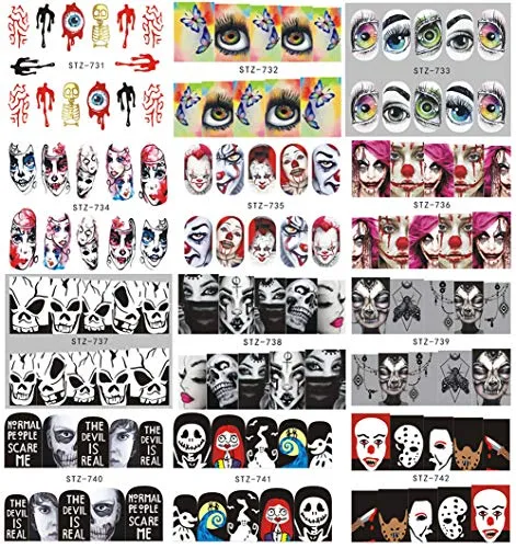 25 Sheets Halloween Nail Stickers Day of The Dead Water Transfer Nail Decals Skull Ghost Eye Hulk Clown Witch Nail Art Stickers Halloween Party Supply Favors Manicure Tips Charms Decoration