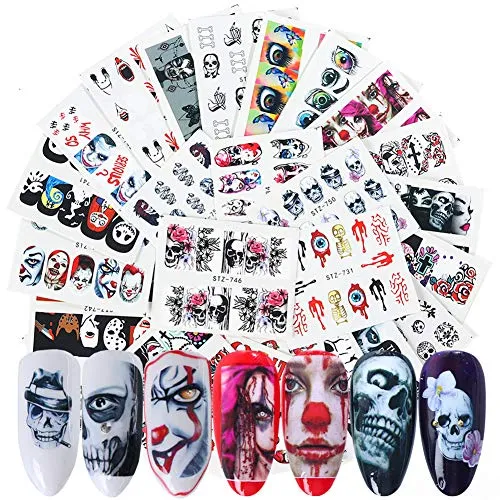 25 Sheets Halloween Nail Stickers Day of The Dead Water Transfer Nail Decals Skull Ghost Eye Hulk Clown Witch Nail Art Stickers Halloween Party Supply Favors Manicure Tips Charms Decoration