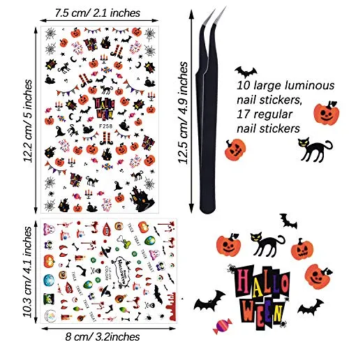 27 Sheets Halloween Nail Sticker Set Fluorescent Halloween Nail Decals Stickers, Halloween Nail Art Stickers with Pumpkin Bat Ghost Witch Design and Black Tweezers for Halloween Party Nail DIY Supply