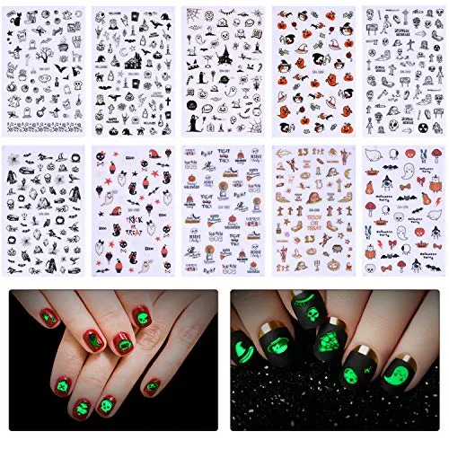 27 Sheets Halloween Nail Sticker Set Fluorescent Halloween Nail Decals Stickers, Halloween Nail Art Stickers with Pumpkin Bat Ghost Witch Design and Black Tweezers for Halloween Party Nail DIY Supply