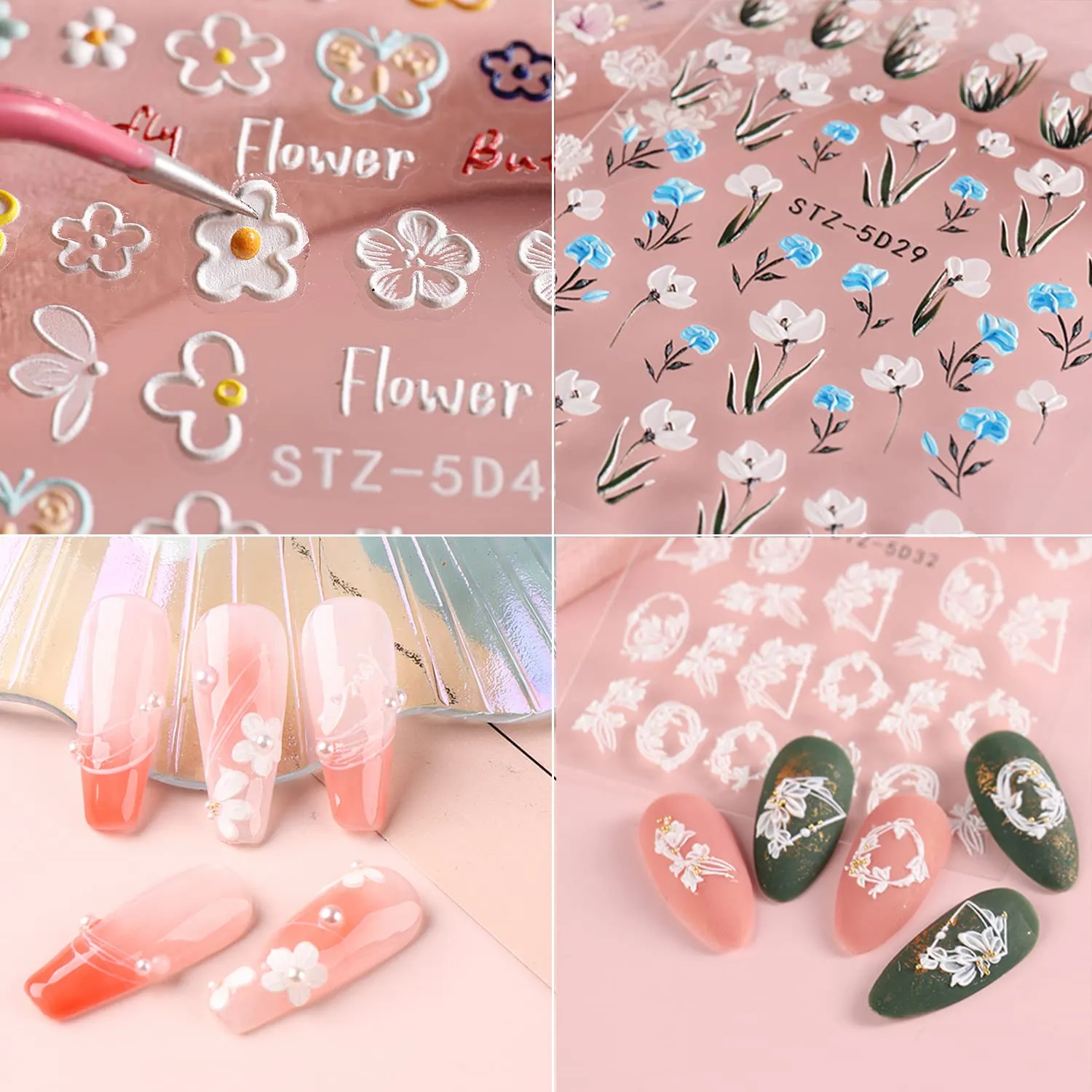 5D Embossed Flowers Nail Art Stickers for Acrylic Nails,8 Sheets Engraved Flower Butterfly Nail Decals Spring Summer Nail Art Accessories French Tips Nail Designs Self Adhesive Nail Stickers for Women