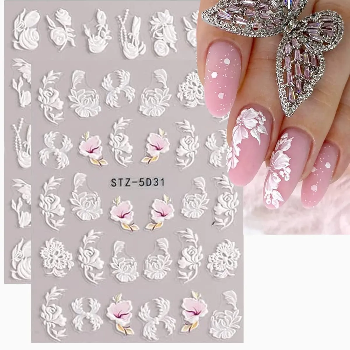 5D Embossed Flowers Nail Art Stickers for Acrylic Nails,8 Sheets Engraved Flower Butterfly Nail Decals Spring Summer Nail Art Accessories French Tips Nail Designs Self Adhesive Nail Stickers for Women