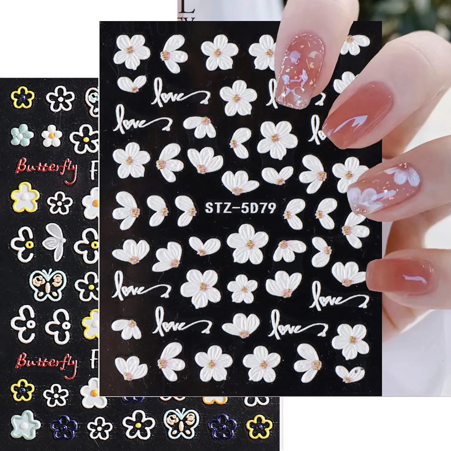 5D Embossed Flowers Nail Art Stickers for Acrylic Nails,8 Sheets Engraved Flower Butterfly Nail Decals Spring Summer Nail Art Accessories French Tips Nail Designs Self Adhesive Nail Stickers for Women