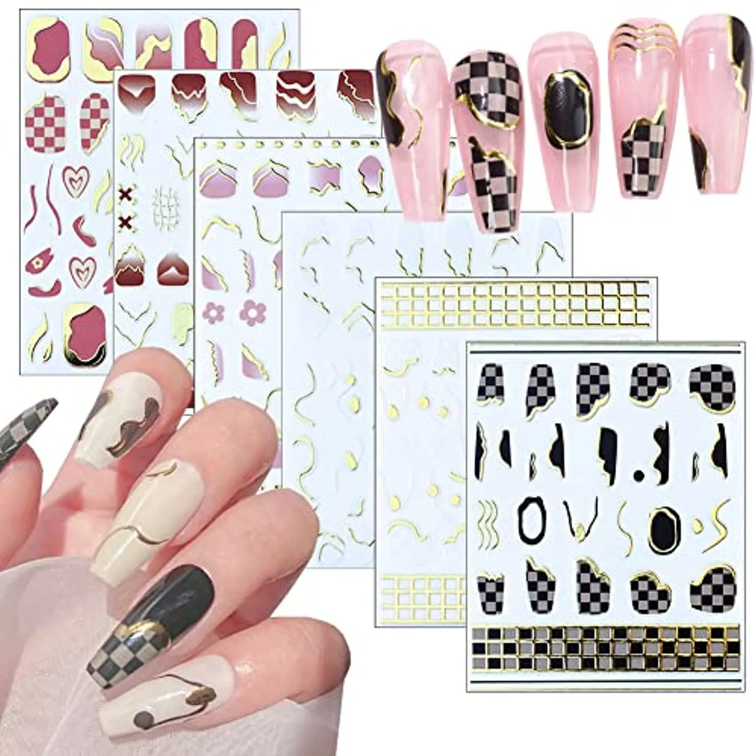 6 Sheets Gold Nail Art Stickers,Nail Art Supplies 3D Metallic Self-Adhesive Nail Decals Holographic Checkerboard Grid Curve Stripe Line French Nail Stickers for Acrylic Nails Decorations Accessories