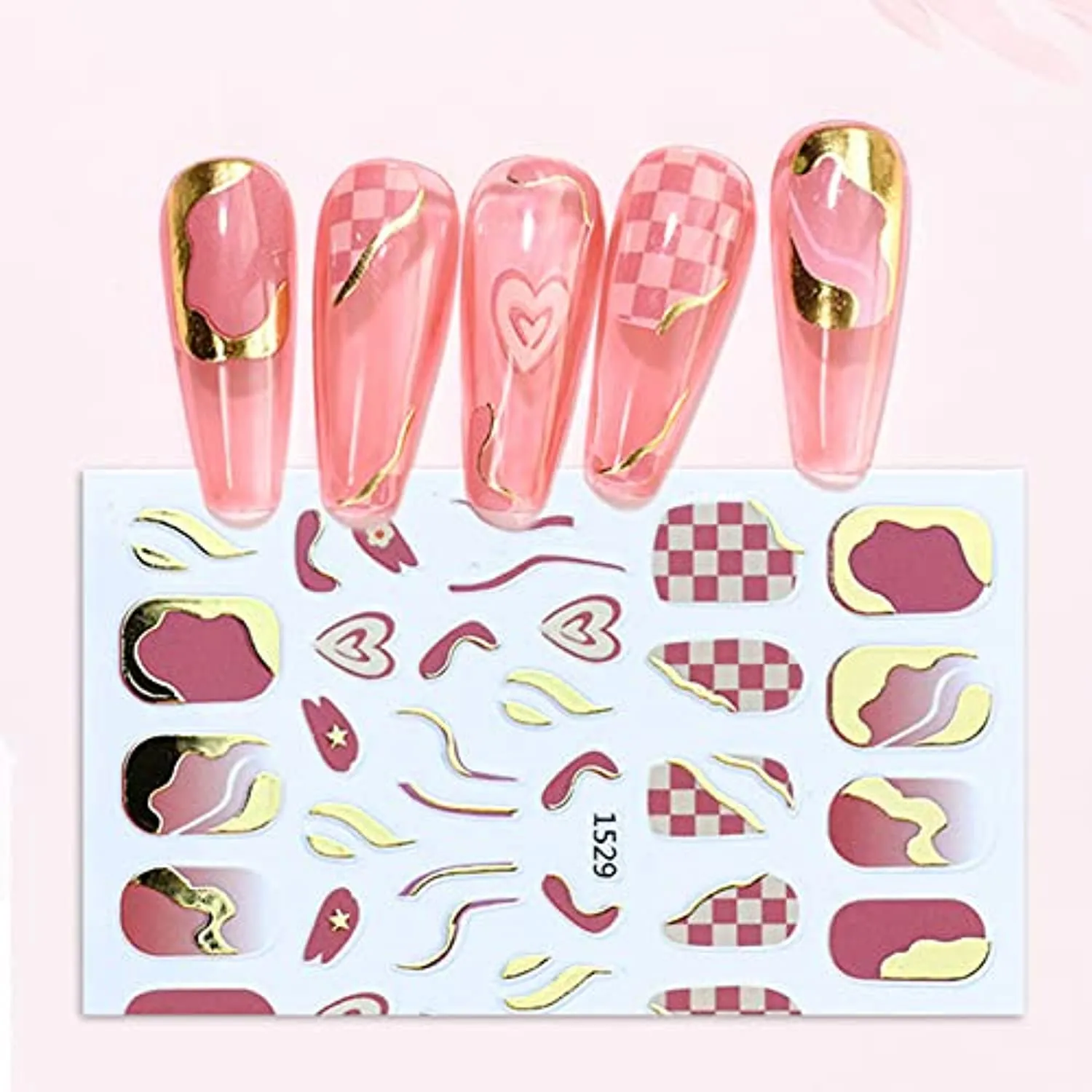 6 Sheets Gold Nail Art Stickers,Nail Art Supplies 3D Metallic Self-Adhesive Nail Decals Holographic Checkerboard Grid Curve Stripe Line French Nail Stickers for Acrylic Nails Decorations Accessories