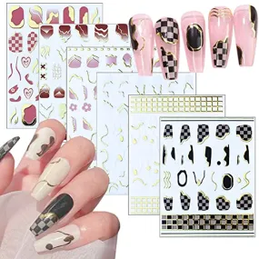 6 Sheets Gold Nail Art Stickers,Nail Art Supplies 3D Metallic Self-Adhesive Nail Decals Holographic Checkerboard Grid Curve Stripe Line French Nail Stickers for Acrylic Nails Decorations Accessories