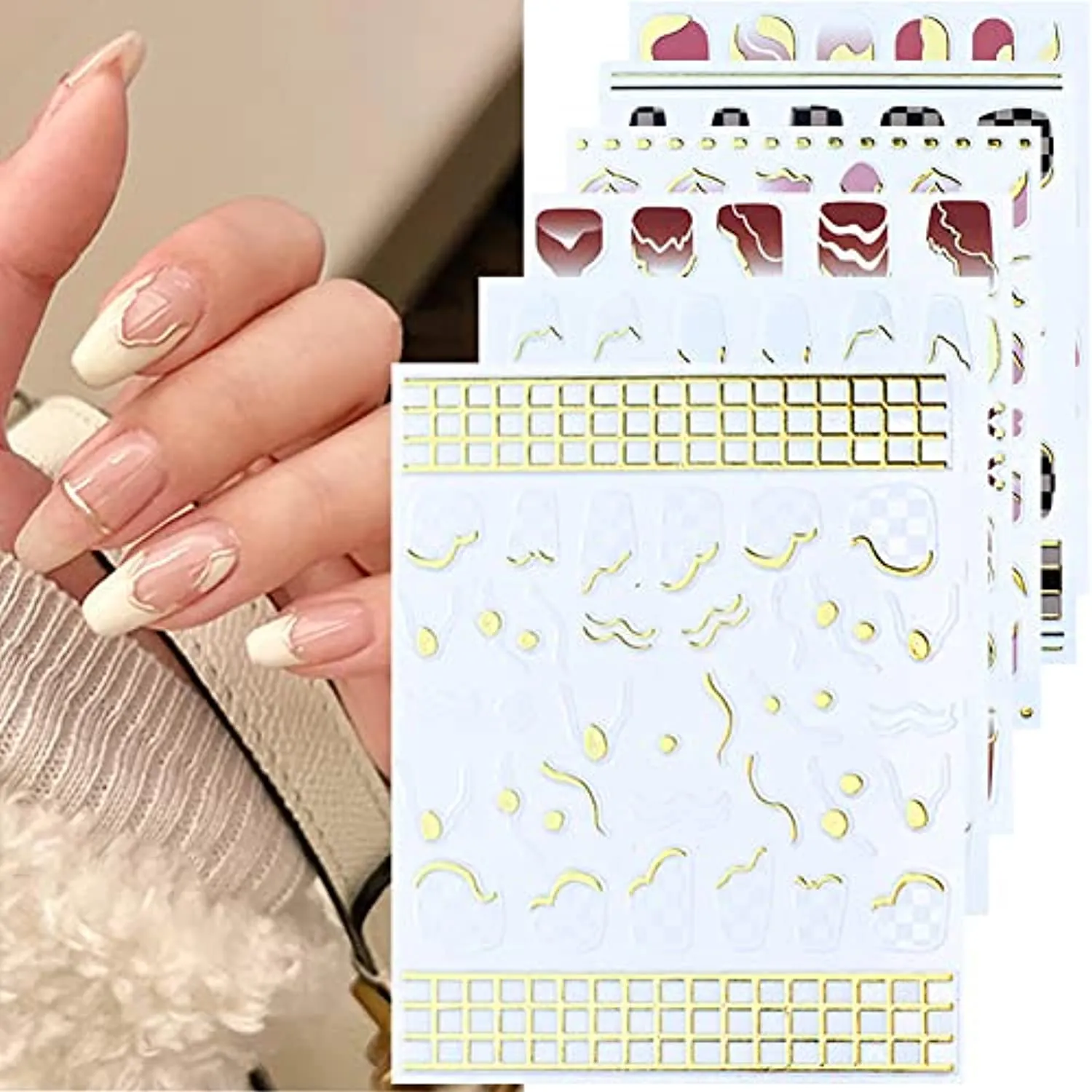 6 Sheets Gold Nail Art Stickers,Nail Art Supplies 3D Metallic Self-Adhesive Nail Decals Holographic Checkerboard Grid Curve Stripe Line French Nail Stickers for Acrylic Nails Decorations Accessories