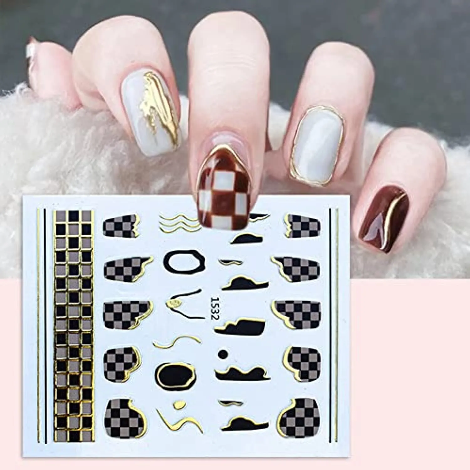 6 Sheets Gold Nail Art Stickers,Nail Art Supplies 3D Metallic Self-Adhesive Nail Decals Holographic Checkerboard Grid Curve Stripe Line French Nail Stickers for Acrylic Nails Decorations Accessories