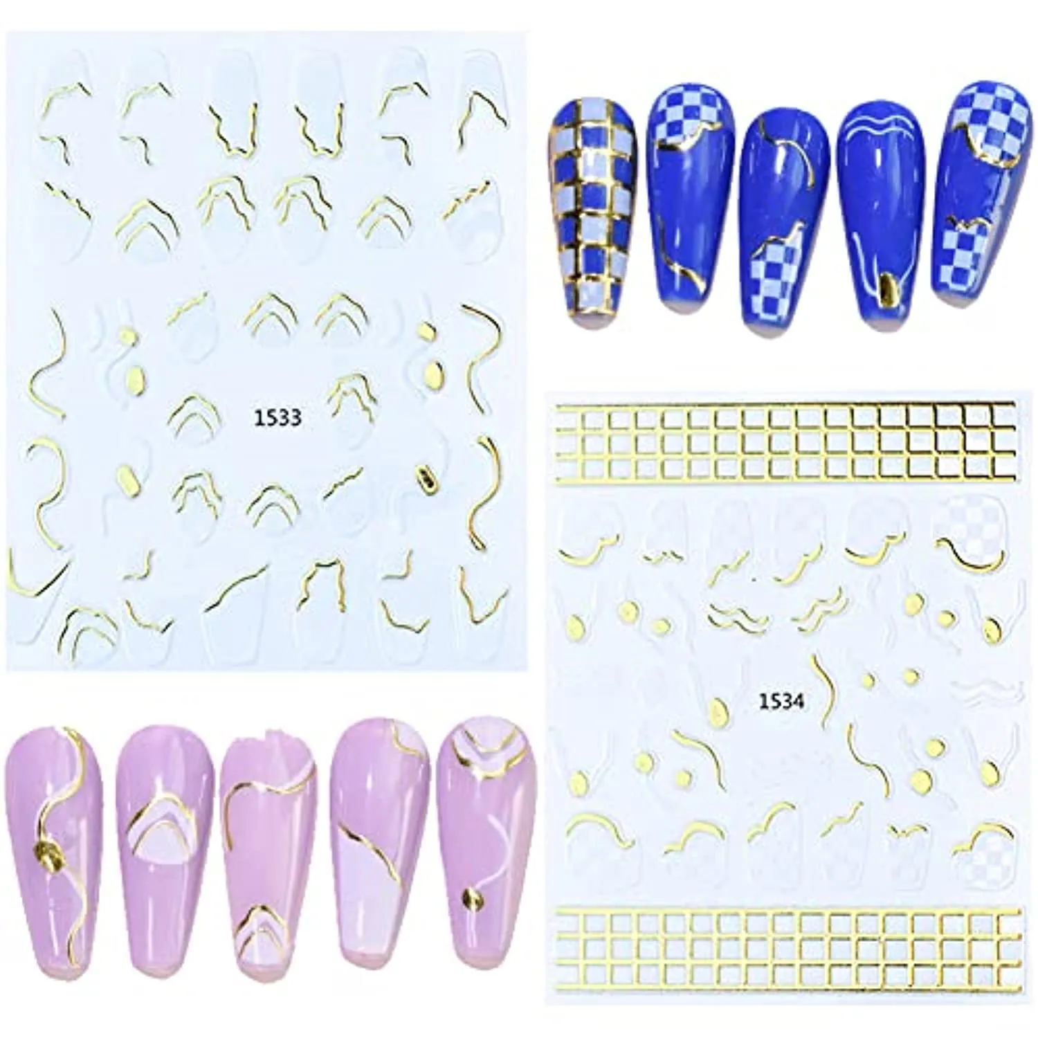 6 Sheets Gold Nail Art Stickers,Nail Art Supplies 3D Metallic Self-Adhesive Nail Decals Holographic Checkerboard Grid Curve Stripe Line French Nail Stickers for Acrylic Nails Decorations Accessories