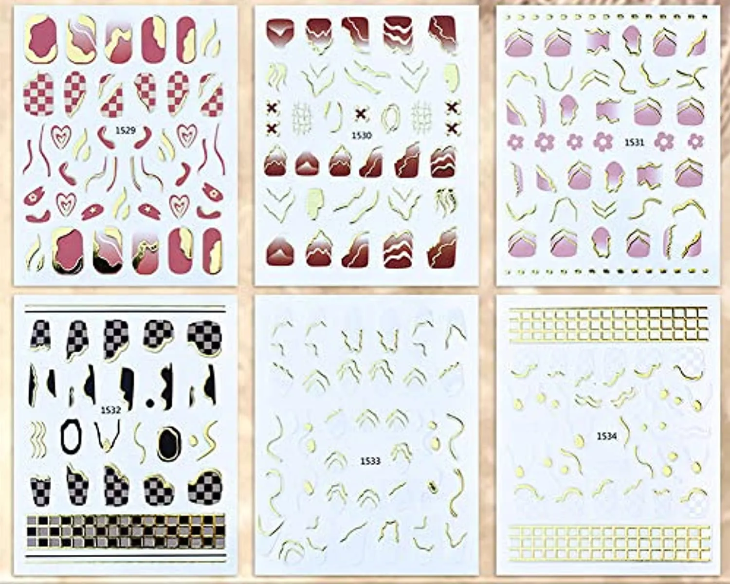 6 Sheets Gold Nail Art Stickers,Nail Art Supplies 3D Metallic Self-Adhesive Nail Decals Holographic Checkerboard Grid Curve Stripe Line French Nail Stickers for Acrylic Nails Decorations Accessories