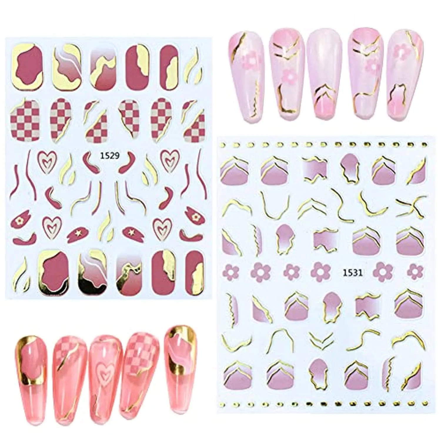 6 Sheets Gold Nail Art Stickers,Nail Art Supplies 3D Metallic Self-Adhesive Nail Decals Holographic Checkerboard Grid Curve Stripe Line French Nail Stickers for Acrylic Nails Decorations Accessories