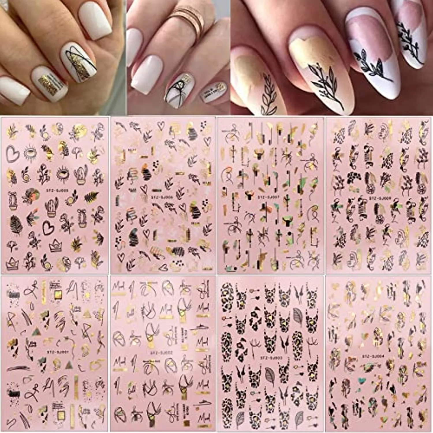 8 Sheets Gold Nail Art Stickers, Graffiti Fun Nail Foil Decals 3D Self-Adhesive Luxury Laser Leopard Print Black Gold Botanical Abstract Line Nail Design for Women Girls Manicure Tips Nail Decoration