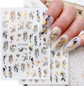 8 Sheets Gold Nail Art Stickers, Graffiti Fun Nail Foil Decals 3D Self-Adhesive Luxury Laser Leopard Print Black Gold Botanical Abstract Line Nail Design for Women Girls Manicure Tips Nail Decoration