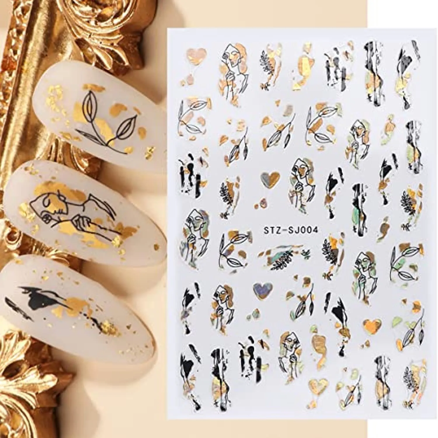 8 Sheets Gold Nail Art Stickers, Graffiti Fun Nail Foil Decals 3D Self-Adhesive Luxury Laser Leopard Print Black Gold Botanical Abstract Line Nail Design for Women Girls Manicure Tips Nail Decoration
