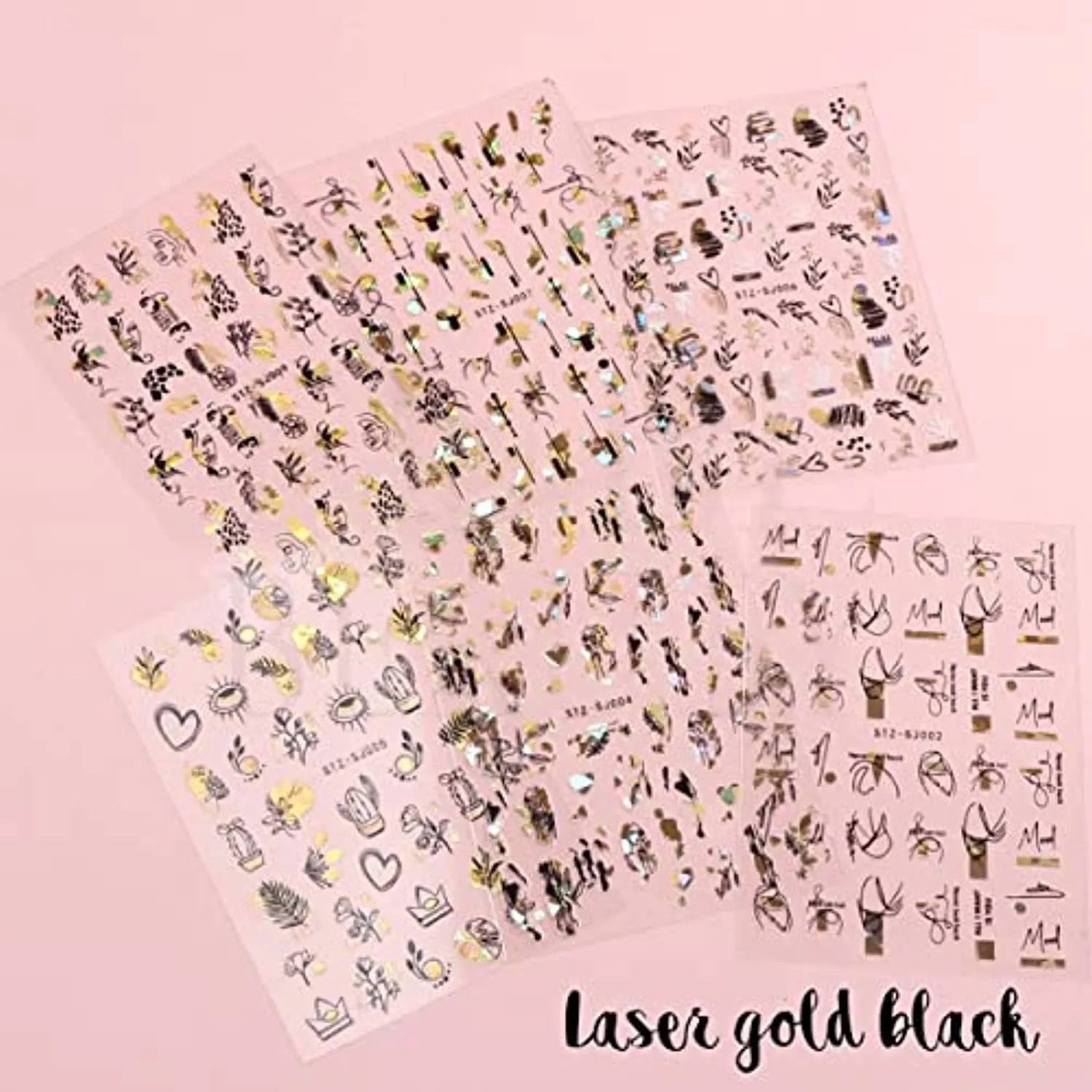 8 Sheets Gold Nail Art Stickers, Graffiti Fun Nail Foil Decals 3D Self-Adhesive Luxury Laser Leopard Print Black Gold Botanical Abstract Line Nail Design for Women Girls Manicure Tips Nail Decoration