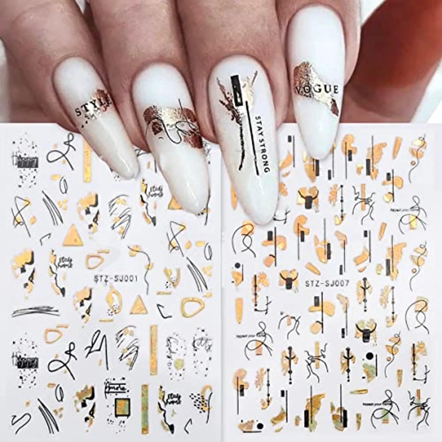 8 Sheets Gold Nail Art Stickers, Graffiti Fun Nail Foil Decals 3D Self-Adhesive Luxury Laser Leopard Print Black Gold Botanical Abstract Line Nail Design for Women Girls Manicure Tips Nail Decoration