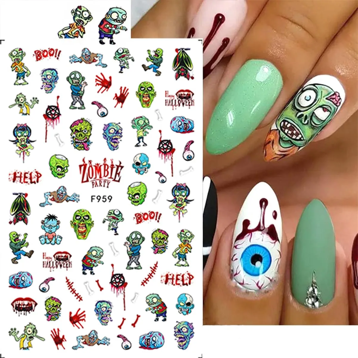 8 Sheets Halloween Nail Art Stickers 3D Punk Horror Gothic Nail Stickers Skull Goth Snake Evil Nail Art Designs Decals Flower Butterfly Acrylic Nail Supplies for Women Halloween Nail Art Accessories