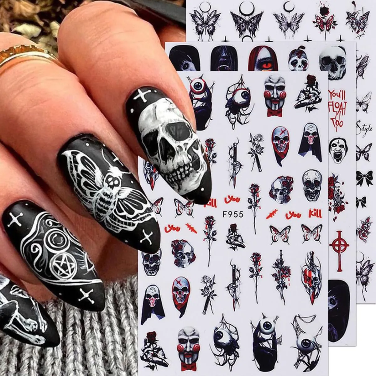 8 Sheets Halloween Nail Art Stickers 3D Punk Horror Gothic Nail Stickers Skull Goth Snake Evil Nail Art Designs Decals Flower Butterfly Acrylic Nail Supplies for Women Halloween Nail Art Accessories