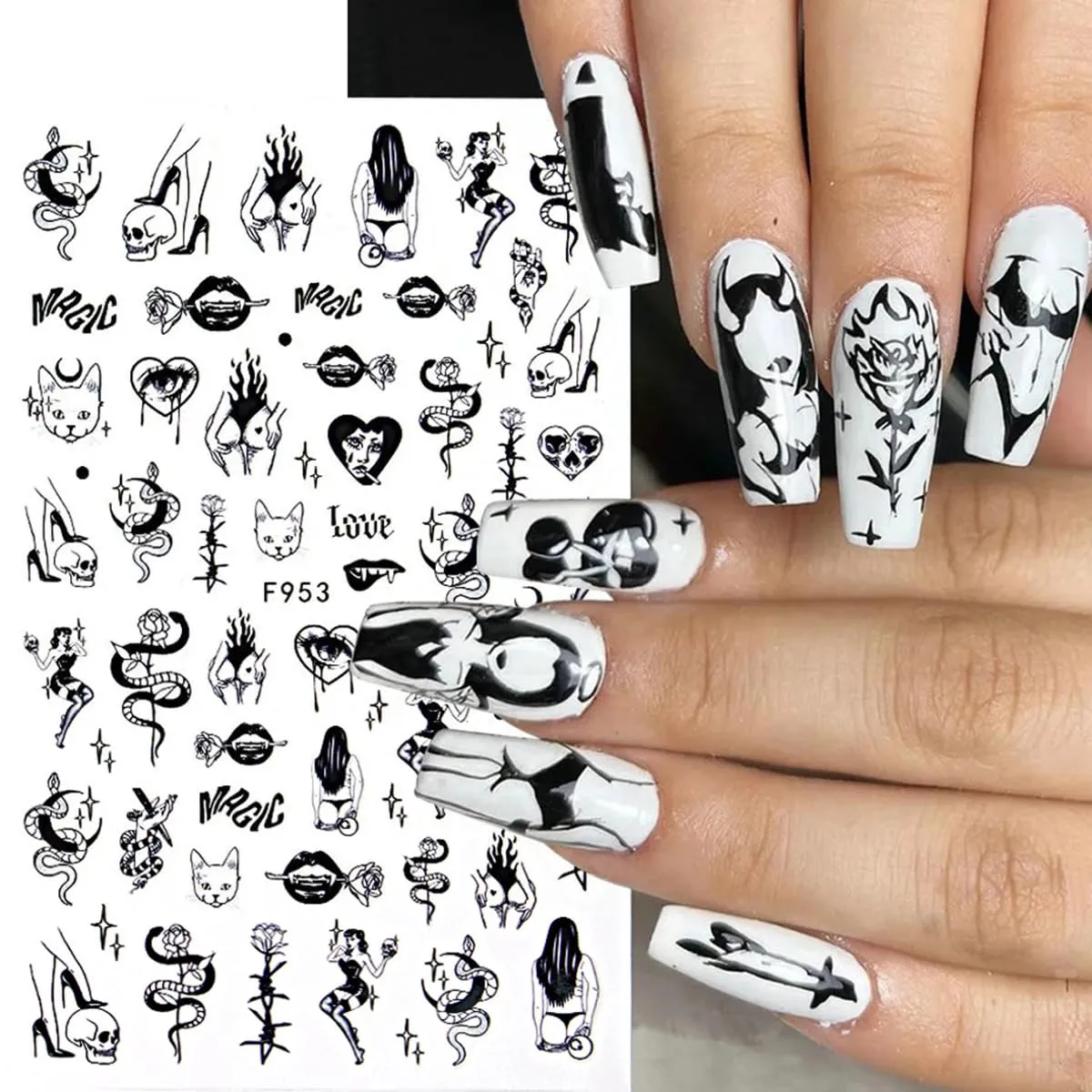 8 Sheets Halloween Nail Art Stickers 3D Punk Horror Gothic Nail Stickers Skull Goth Snake Evil Nail Art Designs Decals Flower Butterfly Acrylic Nail Supplies for Women Halloween Nail Art Accessories