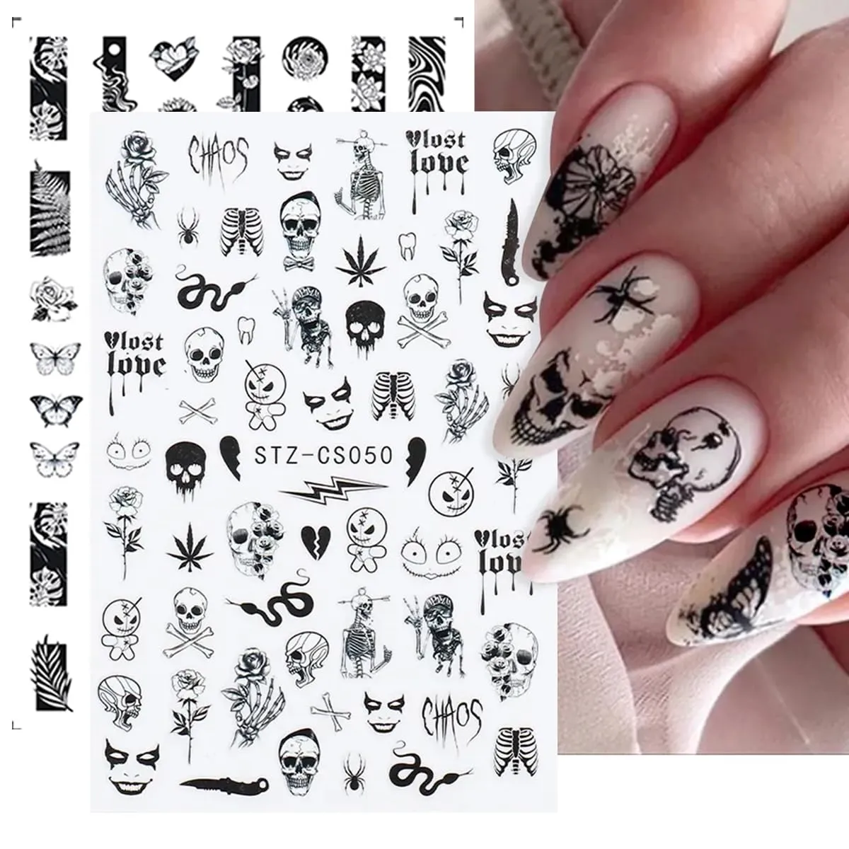 8 Sheets Halloween Nail Art Stickers 3D Punk Horror Gothic Nail Stickers Skull Goth Snake Evil Nail Art Designs Decals Flower Butterfly Acrylic Nail Supplies for Women Halloween Nail Art Accessories