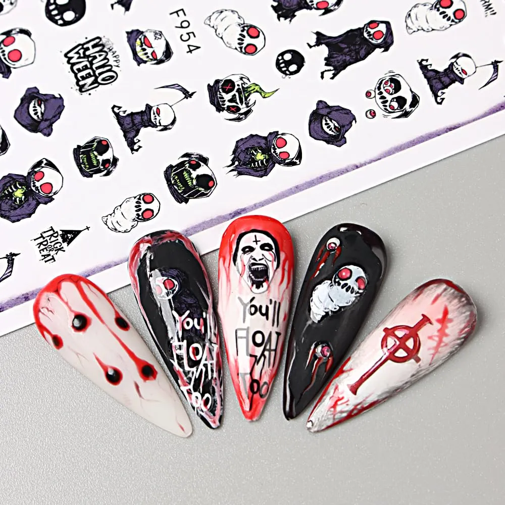 8 Sheets Halloween Nail Art Stickers 3D Punk Horror Gothic Nail Stickers Skull Goth Snake Evil Nail Art Designs Decals Flower Butterfly Acrylic Nail Supplies for Women Halloween Nail Art Accessories
