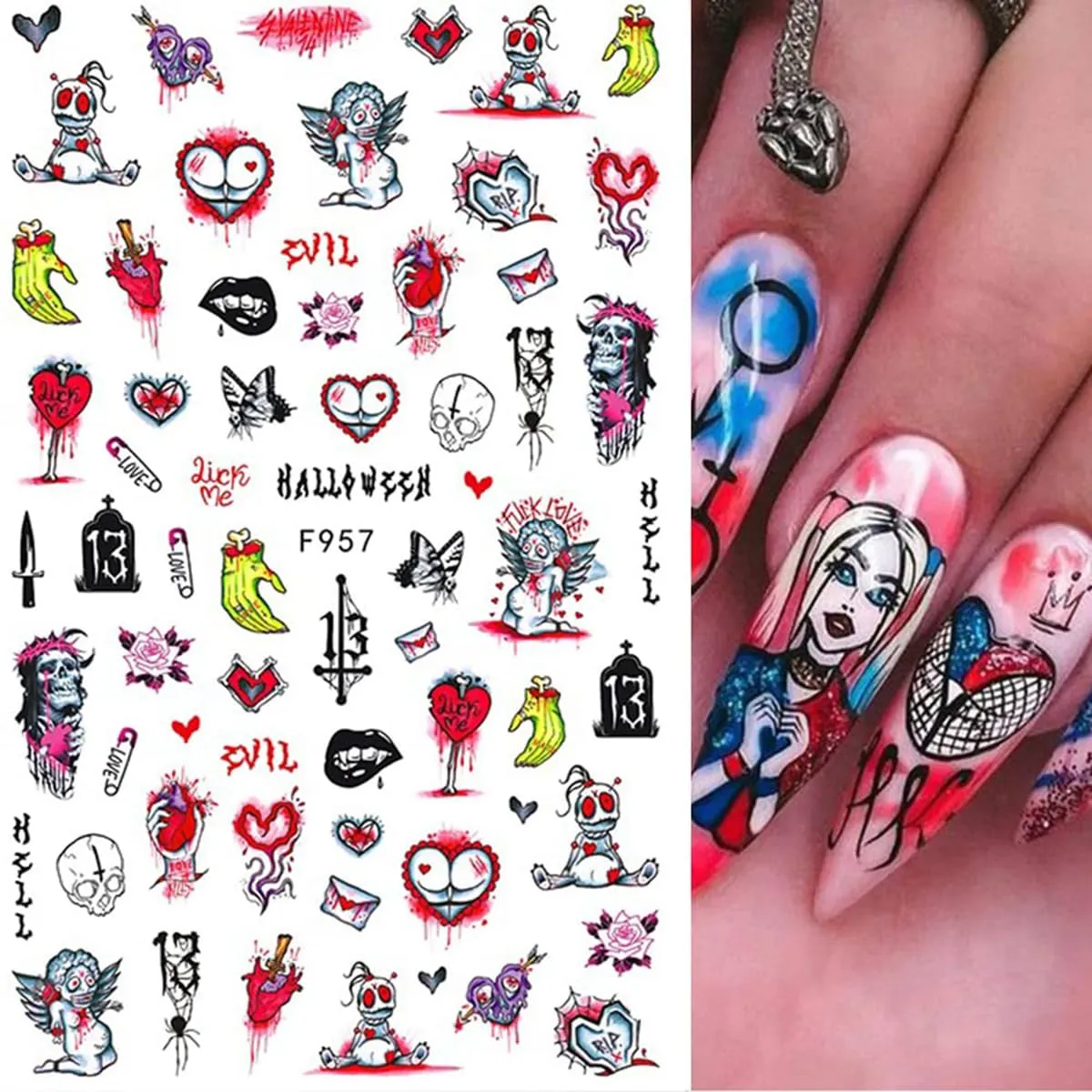 8 Sheets Halloween Nail Art Stickers 3D Punk Horror Gothic Nail Stickers Skull Goth Snake Evil Nail Art Designs Decals Flower Butterfly Acrylic Nail Supplies for Women Halloween Nail Art Accessories