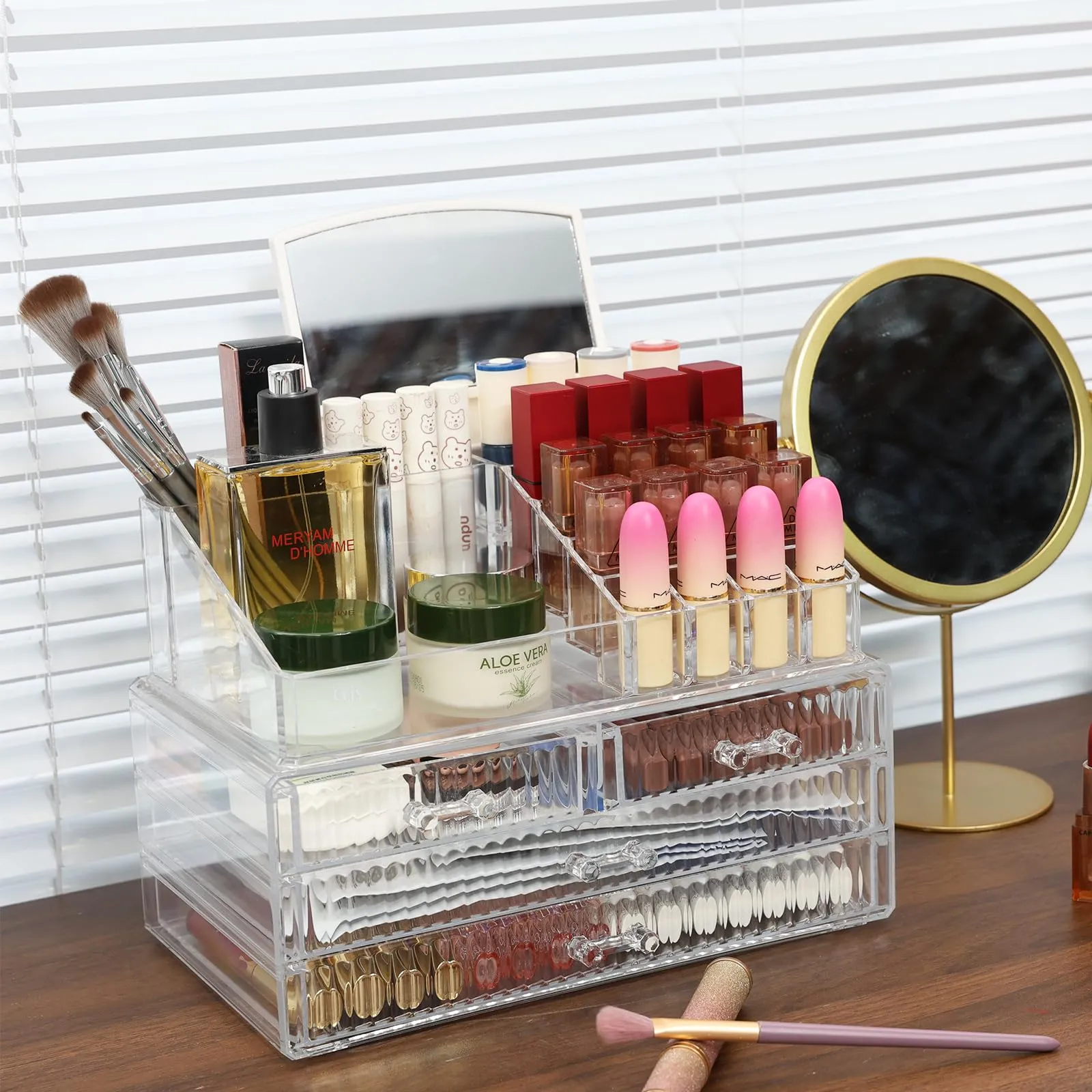 Cq acrylic Makeup Organizer Countertop For Vanity With 4 Drawers,Large Clear Plastic Make up Storage for Jewelry,Hair Accessory,Beauty,Skin Care,Skincare Product Bathroom Organizer,Set of 2