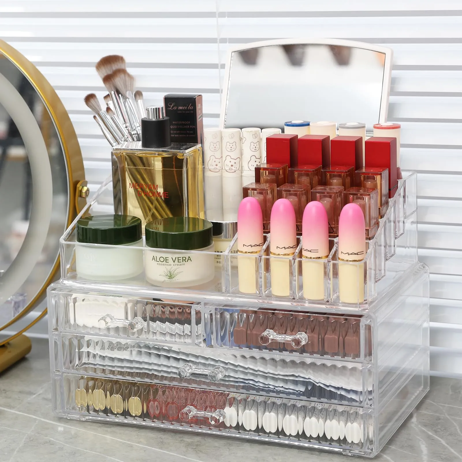 Cq acrylic Makeup Organizer Countertop For Vanity With 4 Drawers,Large Clear Plastic Make up Storage for Jewelry,Hair Accessory,Beauty,Skin Care,Skincare Product Bathroom Organizer,Set of 2
