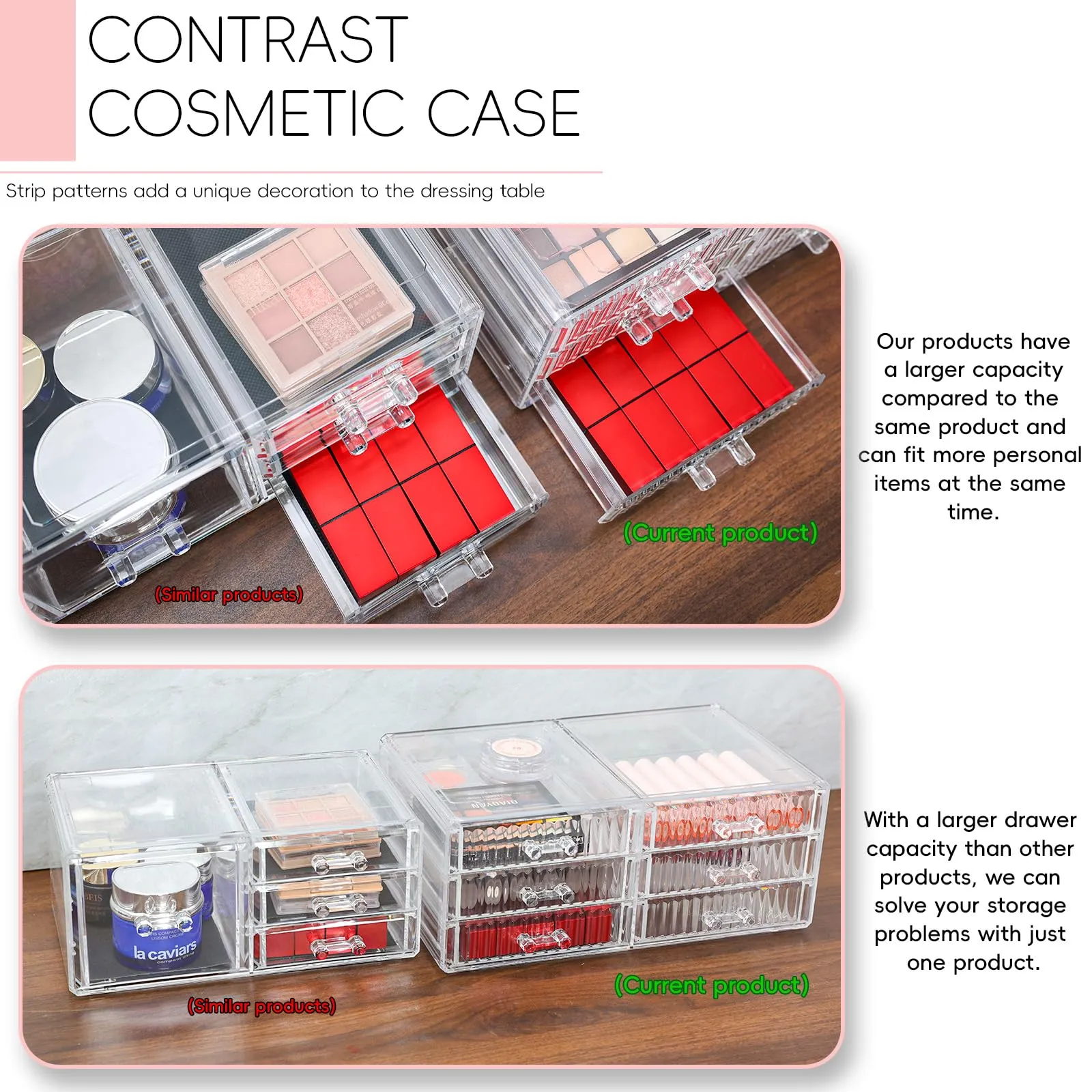 Cq acrylic Makeup Organizer Countertop For Vanity With 4 Drawers,Large Clear Plastic Make up Storage for Jewelry,Hair Accessory,Beauty,Skin Care,Skincare Product Bathroom Organizer,Set of 2