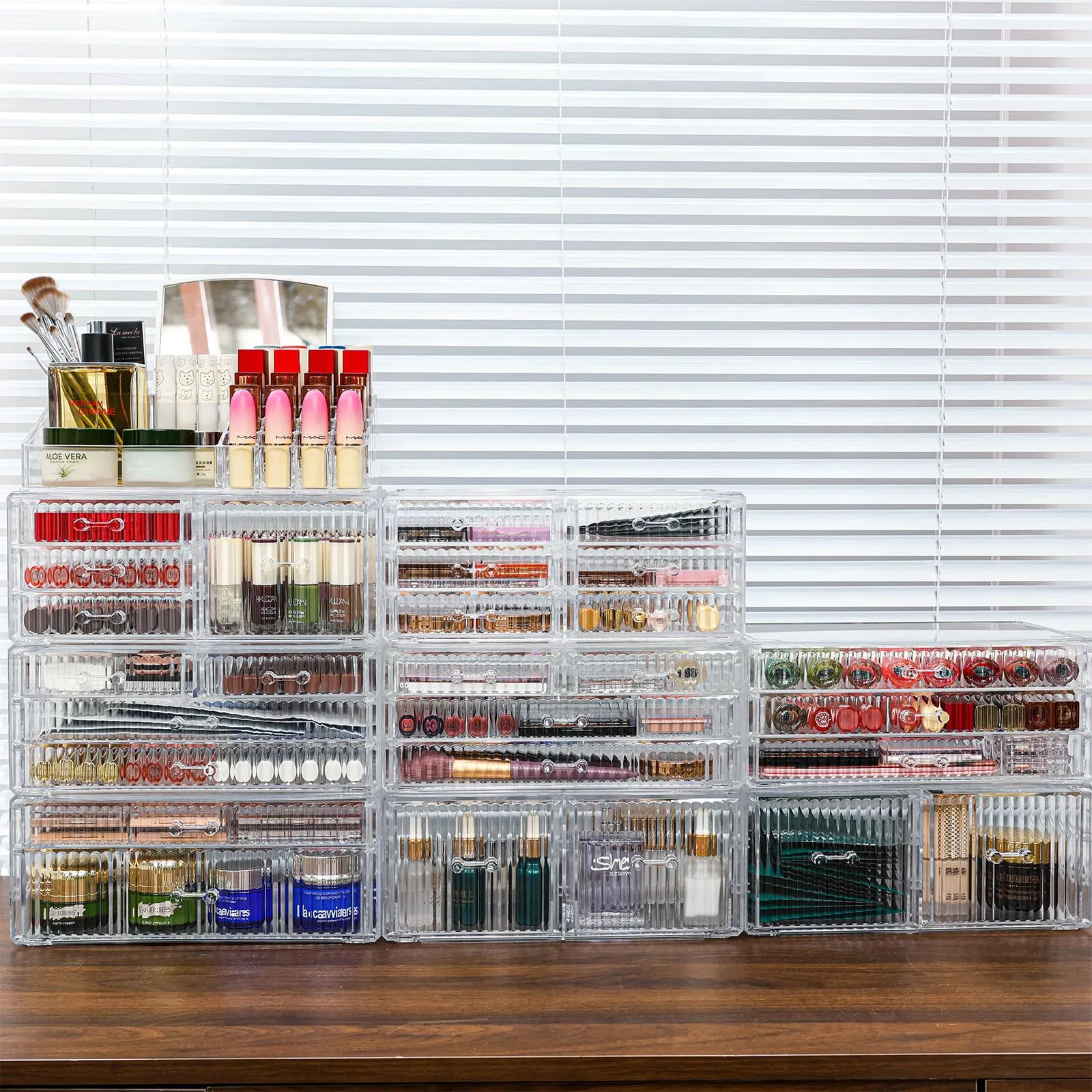 Cq acrylic Makeup Organizer Countertop For Vanity With 4 Drawers,Large Clear Plastic Make up Storage for Jewelry,Hair Accessory,Beauty,Skin Care,Skincare Product Bathroom Organizer,Set of 2