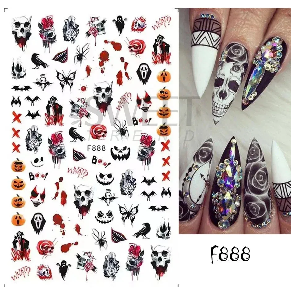 Joskaa 3D Halloween Ghost Skull Nail Art Stickers Cute Pumpkin Spider Web Design Adhesive Cartoon Nail Decals Sliders Decor Manicure