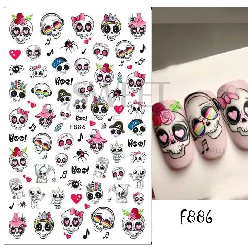 Joskaa 3D Halloween Ghost Skull Nail Art Stickers Cute Pumpkin Spider Web Design Adhesive Cartoon Nail Decals Sliders Decor Manicure