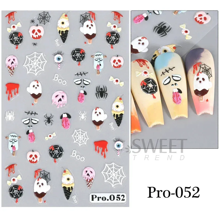 Joskaa 3D Halloween Ghost Skull Nail Art Stickers Cute Pumpkin Spider Web Design Adhesive Cartoon Nail Decals Sliders Decor Manicure