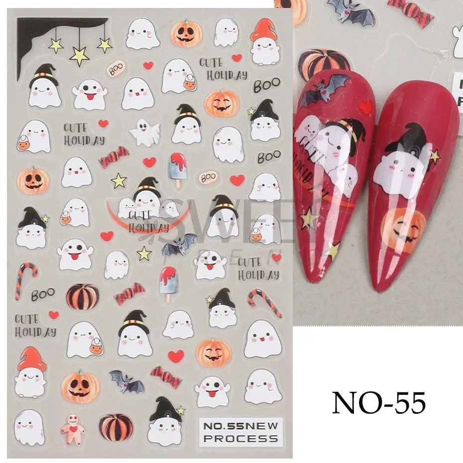 Joskaa 3D Halloween Ghost Skull Nail Art Stickers Cute Pumpkin Spider Web Design Adhesive Cartoon Nail Decals Sliders Decor Manicure