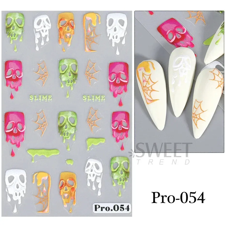 Joskaa 3D Halloween Ghost Skull Nail Art Stickers Cute Pumpkin Spider Web Design Adhesive Cartoon Nail Decals Sliders Decor Manicure