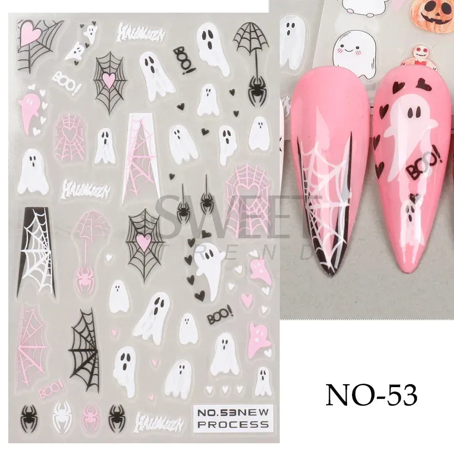 Joskaa 3D Halloween Ghost Skull Nail Art Stickers Cute Pumpkin Spider Web Design Adhesive Cartoon Nail Decals Sliders Decor Manicure