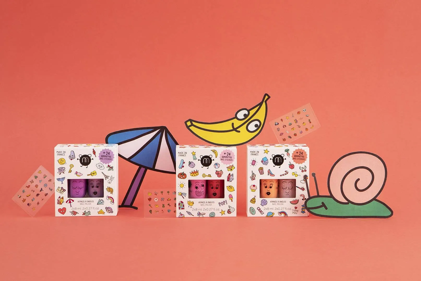 Set: 2 nail polishes   1 nail sticker: Wow