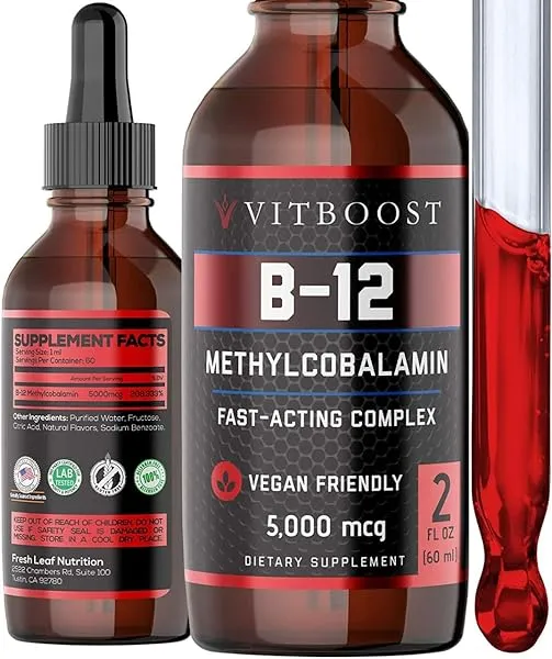 Vegan Liquid B-12 Drops – 60 x 5000 mcg Extra Strength Raspberry Flavored Vitamin B12 Liquid Methylcobalamin sublingual Supplement | Designed to Maximize Absorption & Energy | Gluten Free in Pakistan